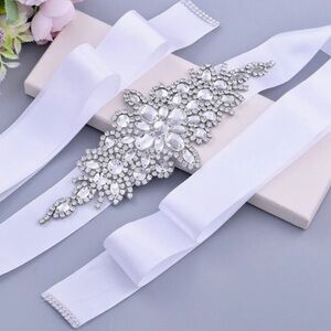 Allier Silver Crystal Bridal Belt Sash Appliqué